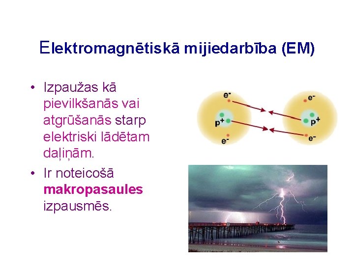 Elektromagnētiskā mijiedarbība (EM) • Izpaužas kā pievilkšanās vai atgrūšanās starp elektriski lādētam daļiņām. •