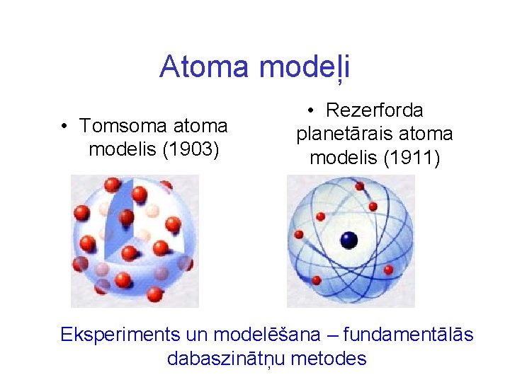 Atoma modeļi • Tomsoma atoma modelis (1903) • Rezerforda planetārais atoma modelis (1911) Eksperiments