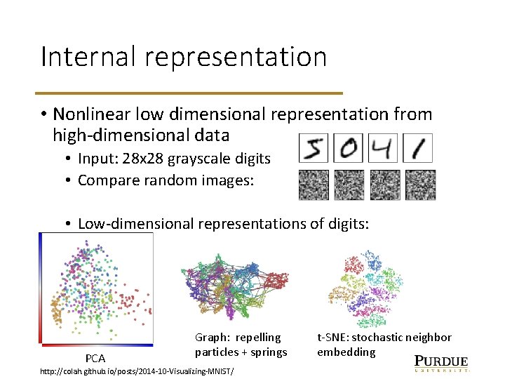 Internal representation • Nonlinear low dimensional representation from high-dimensional data • Input: 28 x