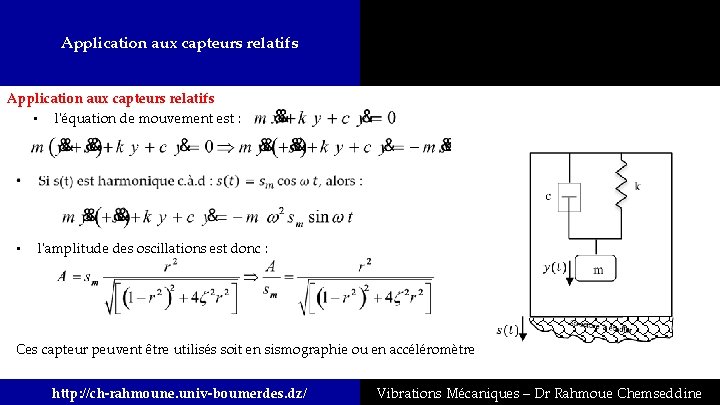 Application aux capteurs relatifs • l'équation de mouvement est : • l'amplitude des oscillations