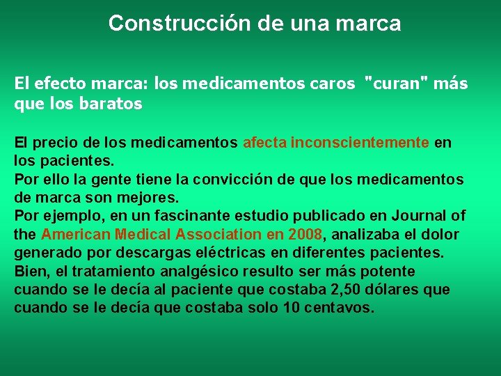 Construcción de una marca El efecto marca: los medicamentos caros "curan" más que los