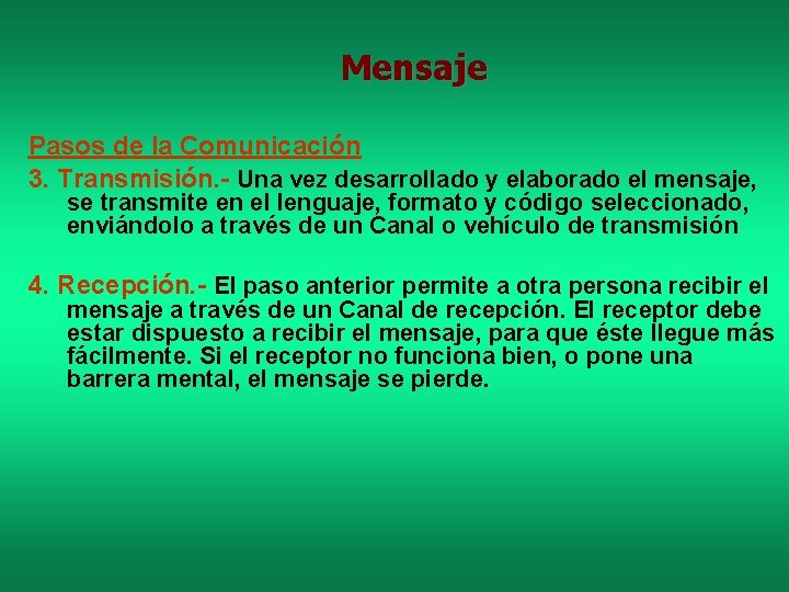 Mensaje Pasos de la Comunicación 3. Transmisión. - Una vez desarrollado y elaborado el