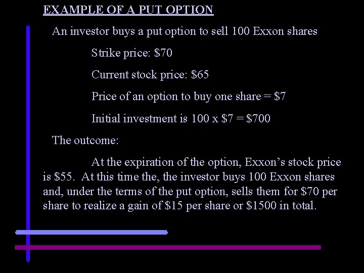 EXAMPLE OF A PUT OPTION An investor buys a put option to sell 100