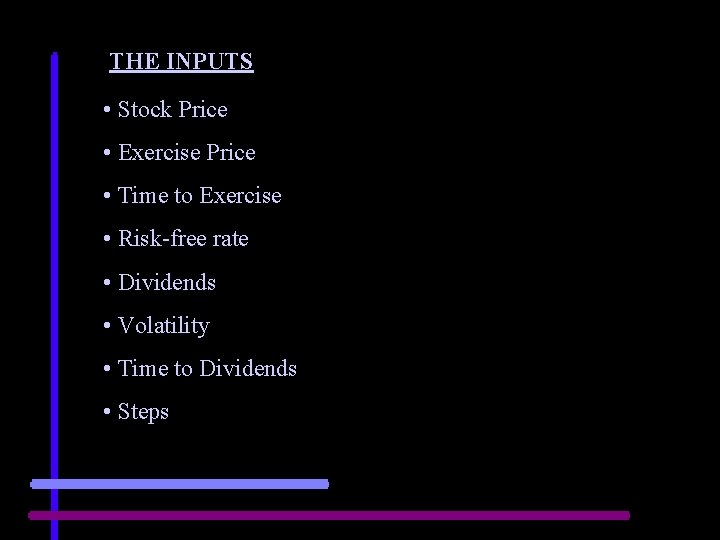 THE INPUTS • Stock Price • Exercise Price • Time to Exercise • Risk-free