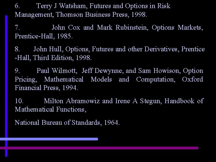 6. Terry J Watsham, Futures and Options in Risk Management, Thomson Business Press, 1998.