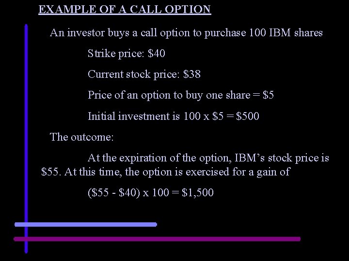 EXAMPLE OF A CALL OPTION An investor buys a call option to purchase 100