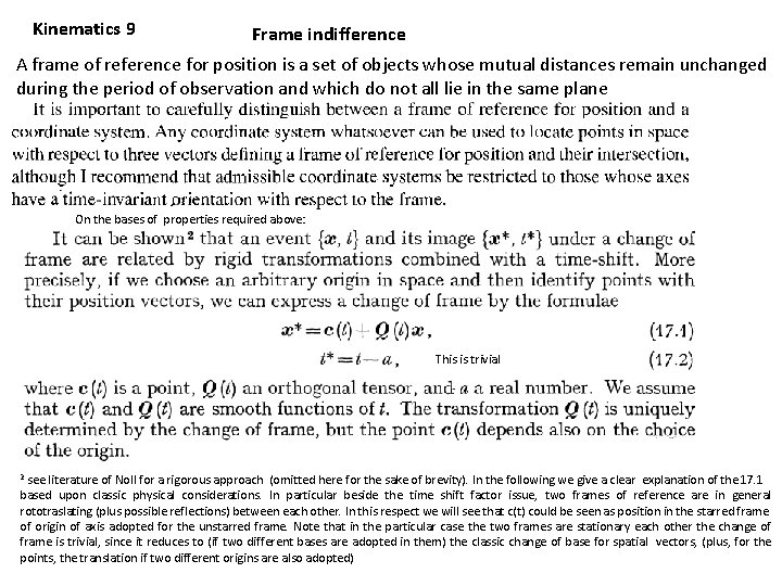 Kinematics 9 Frame indifference A frame of reference for position is a set of