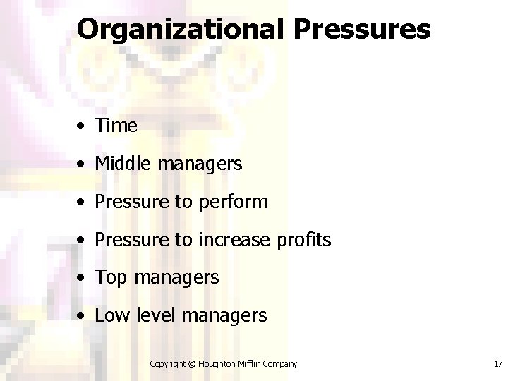 Organizational Pressures • Time • Middle managers • Pressure to perform • Pressure to