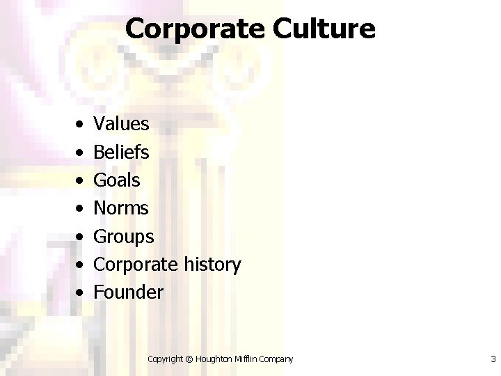 Corporate Culture • • Values Beliefs Goals Norms Groups Corporate history Founder Copyright ©