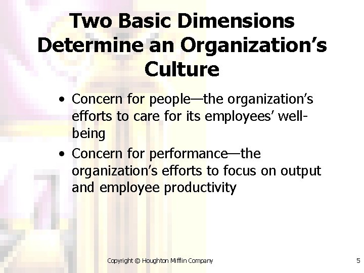 Two Basic Dimensions Determine an Organization’s Culture • Concern for people—the organization’s efforts to