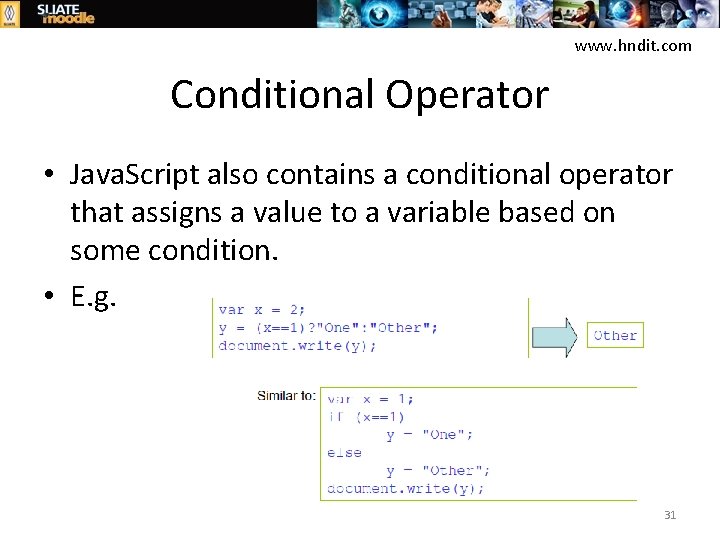 www. hndit. com Conditional Operator • Java. Script also contains a conditional operator that