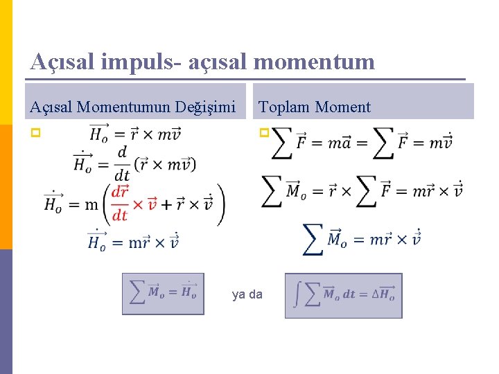 Açısal impuls- açısal momentum Açısal Momentumun Değişimi p Toplam Moment p ya da 