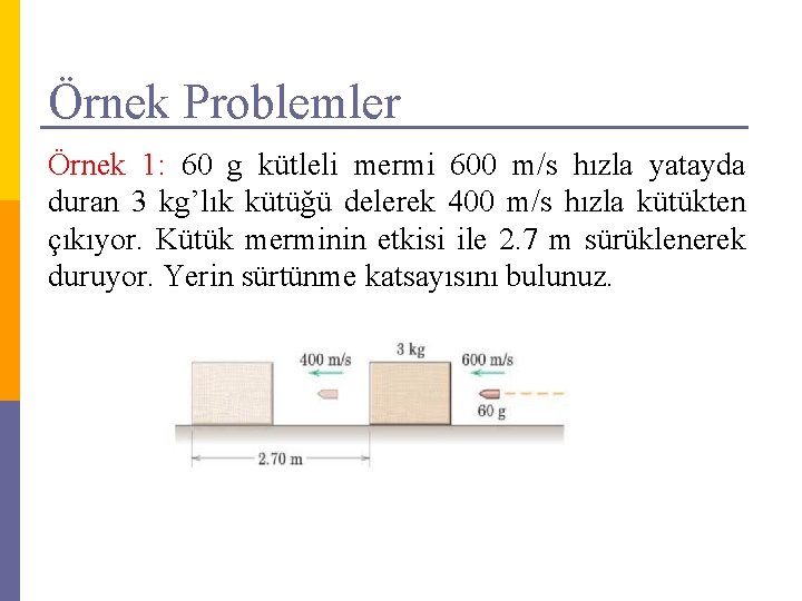 Örnek Problemler Örnek 1: 60 g kütleli mermi 600 m/s hızla yatayda duran 3