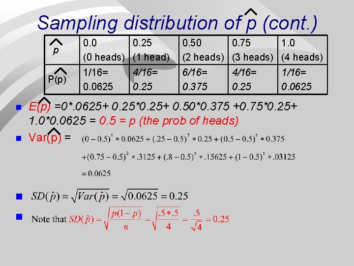 Sampling distribution of p (cont. ) p P(p) n n 0. 0 0. 25