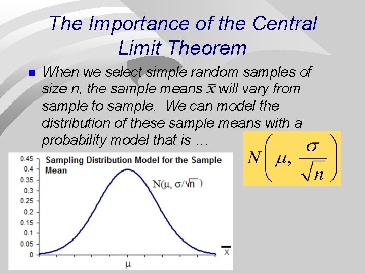 The Importance of the Central Limit Theorem n When we select simple random samples