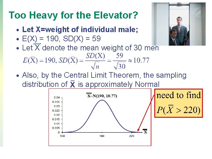 Too Heavy for the Elevator? • • • Let X=weight of individual male; E(X)