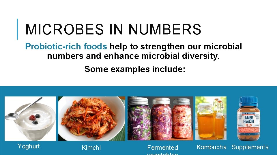 MICROBES IN NUMBERS Probiotic-rich foods help to strengthen our microbial numbers and enhance microbial