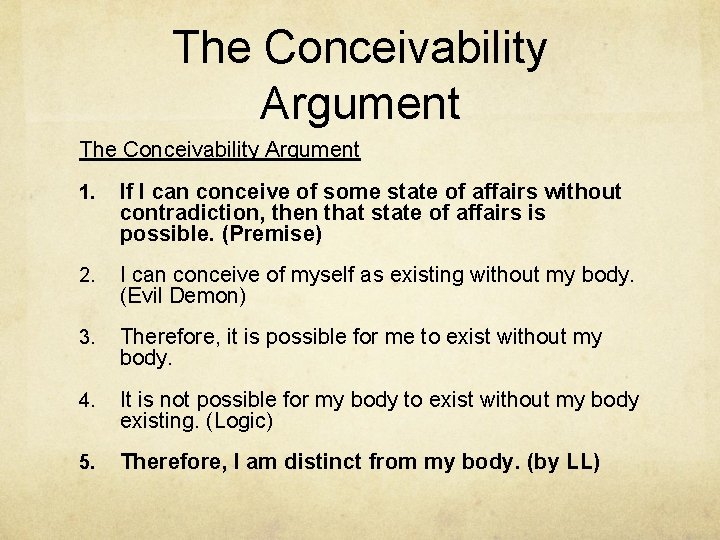 The Conceivability Argument 1. If I can conceive of some state of affairs without