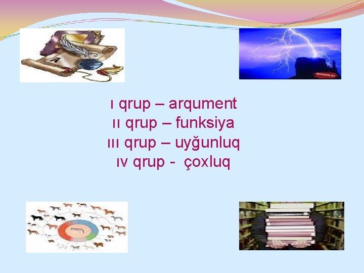 ı qrup – arqument ıı qrup – funksiya ııı qrup – uyğunluq ıv qrup