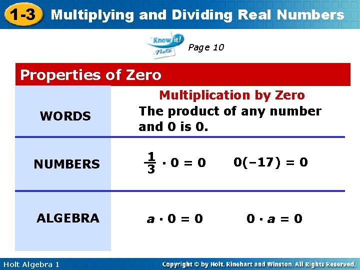 1 -3 Multiplying and Dividing Real Numbers Page 10 Properties of Zero WORDS Multiplication