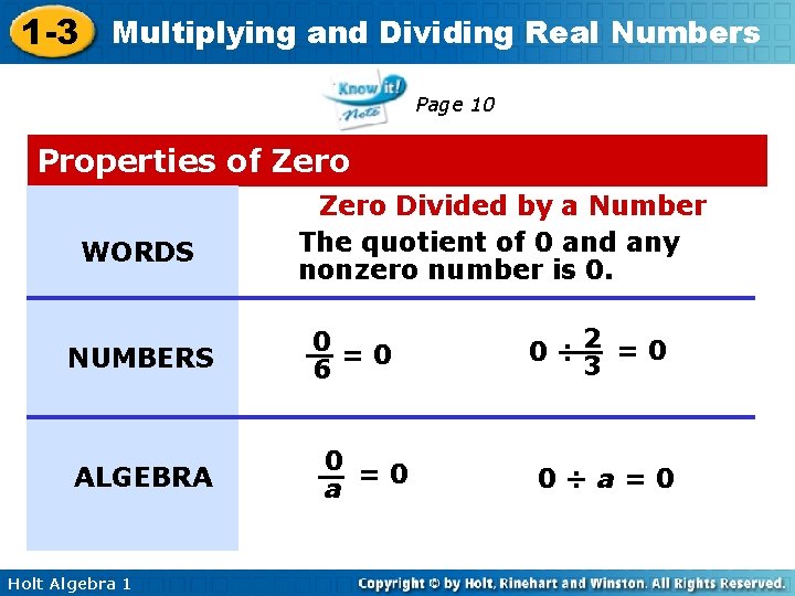 1 -3 Multiplying and Dividing Real Numbers Page 10 Properties of Zero WORDS NUMBERS