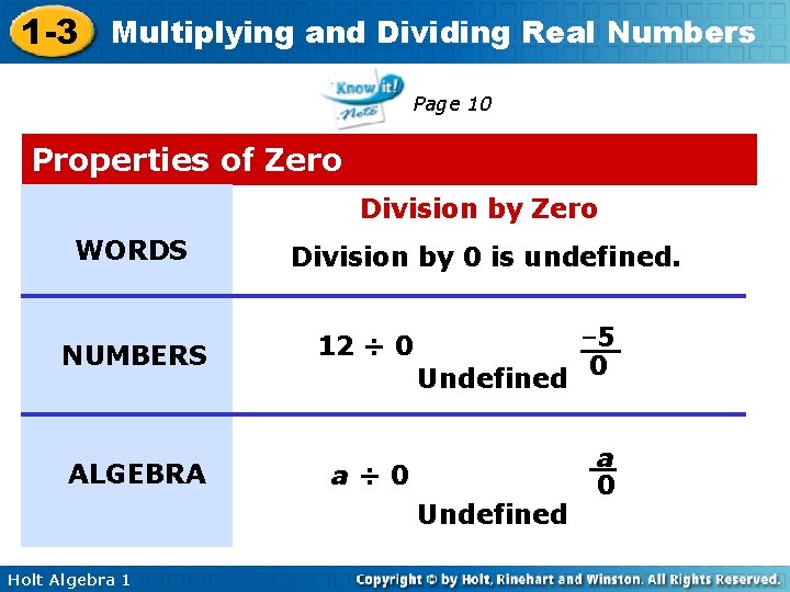 1 -3 Multiplying and Dividing Real Numbers Page 10 Properties of Zero Division by