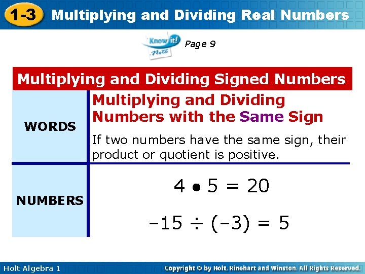1 -3 Multiplying and Dividing Real Numbers Page 9 Multiplying and Dividing Signed Numbers
