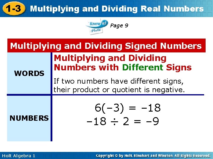 1 -3 Multiplying and Dividing Real Numbers Page 9 Multiplying and Dividing Signed Numbers