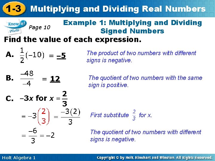 1 -3 Multiplying and Dividing Real Numbers Example 1: Multiplying and Dividing Page 10