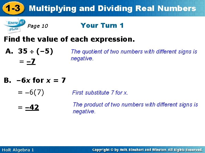 1 -3 Multiplying and Dividing Real Numbers Page 10 Your Turn 1 Find the
