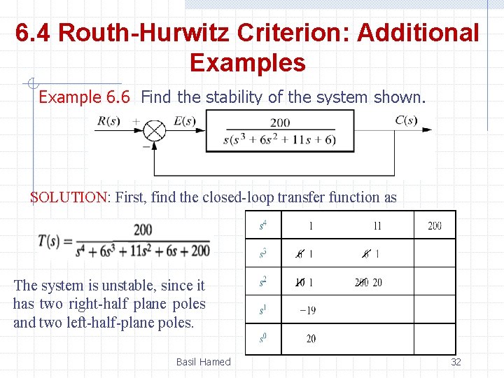 6. 4 Routh-Hurwitz Criterion: Additional Examples Example 6. 6 Find the stability of the