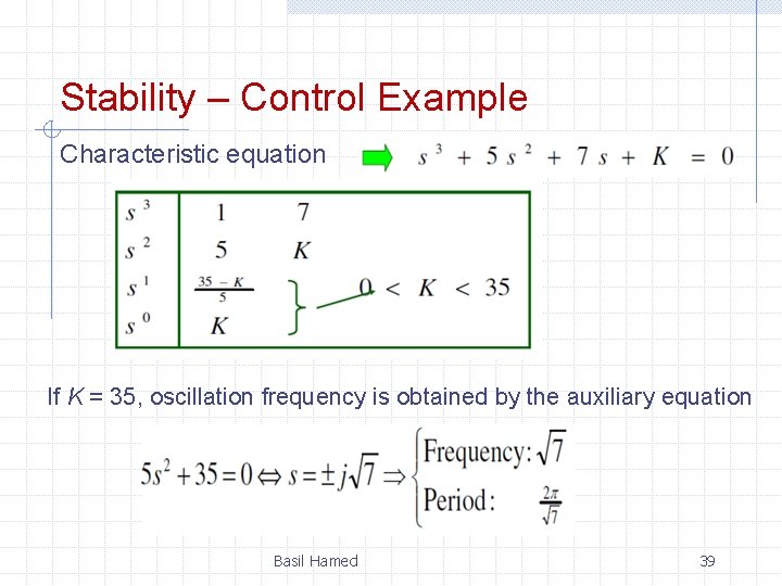 Stability – Control Example Characteristic equation If K = 35, oscillation frequency is obtained Stability – Control Example Characteristic equation If K = 35, oscillation frequency is obtained