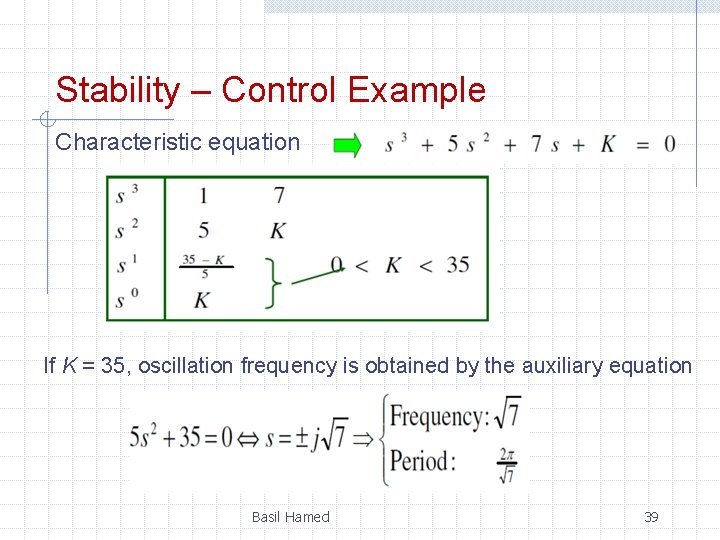 Stability – Control Example Characteristic equation If K = 35, oscillation frequency is obtained