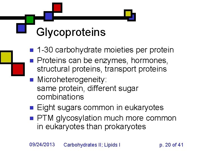 Glycoproteins n n n 1 -30 carbohydrate moieties per protein Proteins can be enzymes,