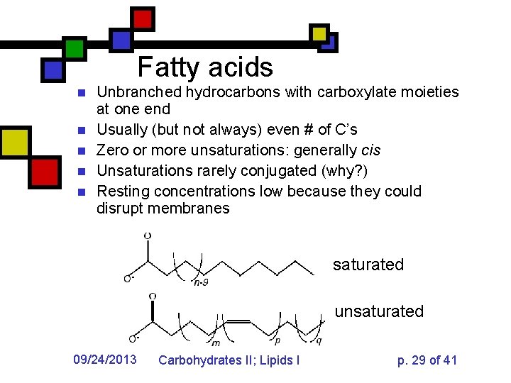 Fatty acids n n n Unbranched hydrocarbons with carboxylate moieties at one end Usually