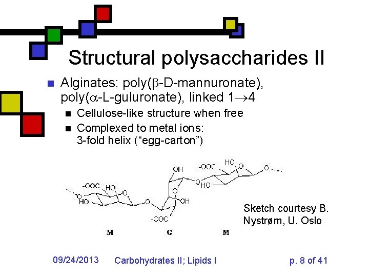 Structural polysaccharides II n Alginates: poly( -D-mannuronate), poly( -L-guluronate), linked 1 4 n n