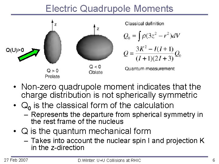 Electric Quadrupole Moments Q(U)>0 • Non-zero quadrupole moment indicates that the charge distribution is