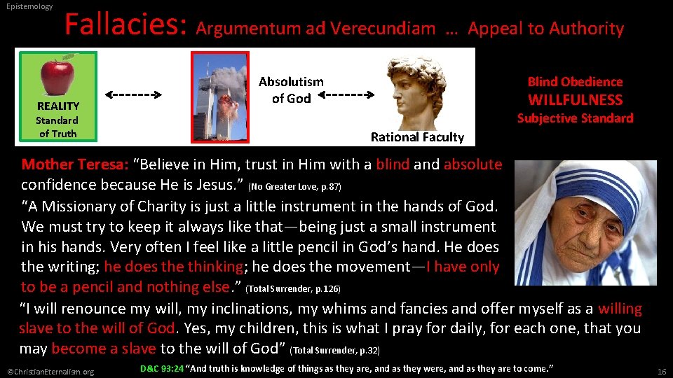 Epistemology Fallacies: Argumentum ad Verecundiam … Appeal to Authority REALITY Standard of Truth Absolutism