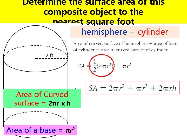 Determine the surface area of this composite object to the nearest square foot hemisphere