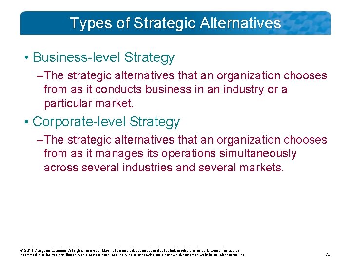 Types of Strategic Alternatives • Business-level Strategy – The strategic alternatives that an organization