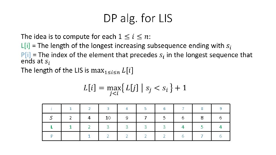 DP alg. for LIS • L P 1 2 3 4 5 6 7 DP alg. for LIS • L P 1 2 3 4 5 6 7