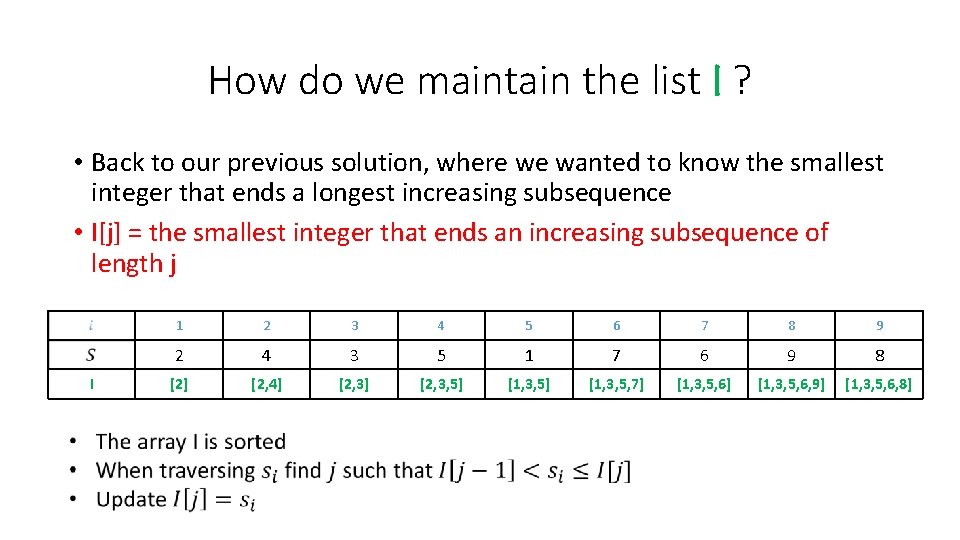 How do we maintain the list I ? • Back to our previous solution, How do we maintain the list I ? • Back to our previous solution,