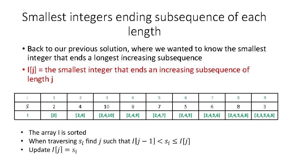 Smallest integers ending subsequence of each length • Back to our previous solution, where Smallest integers ending subsequence of each length • Back to our previous solution, where