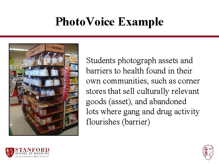 Photo. Voice Example Students photograph assets and barriers to health found in their own