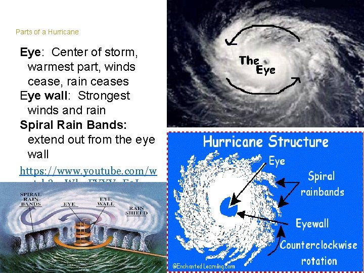 Parts of a Hurricane Eye: Center of storm, warmest part, winds cease, rain ceases