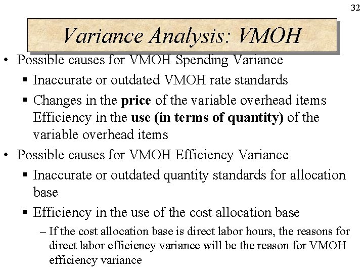 32 Variance Analysis: VMOH • Possible causes for VMOH Spending Variance § Inaccurate or