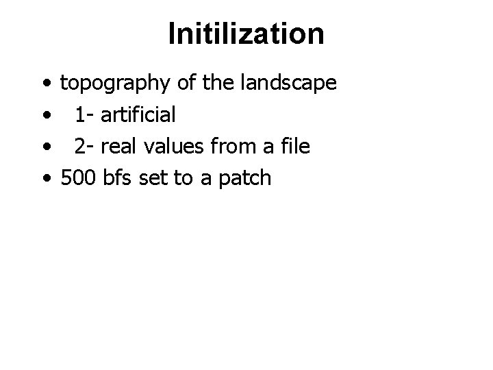 Initilization • • topography of the landscape 1 - artificial 2 - real values