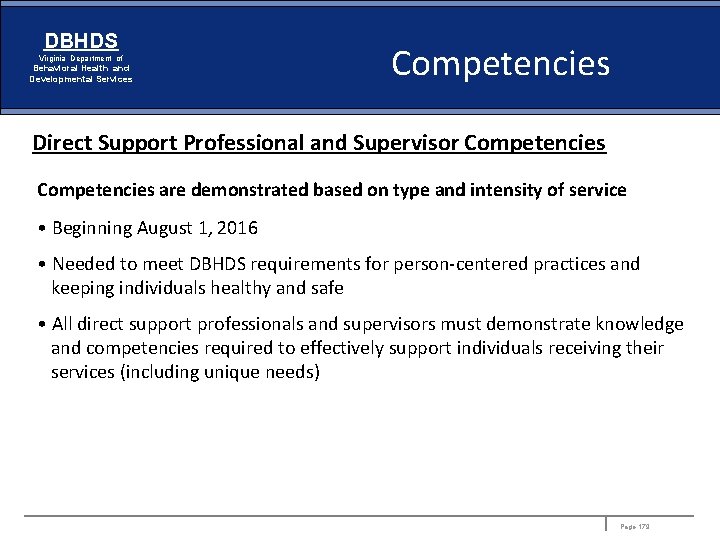 DBHDS Virginia Department of Behavioral Health and Developmental Services Competencies Direct Support Professional and