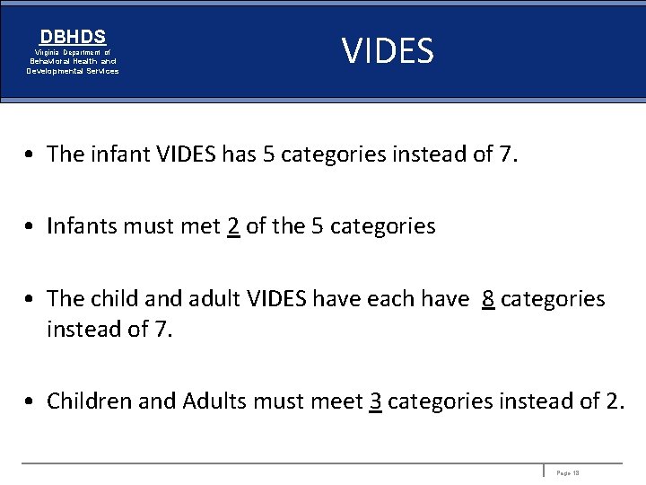DBHDS Virginia Department of Behavioral Health and Developmental Services VIDES • The infant VIDES