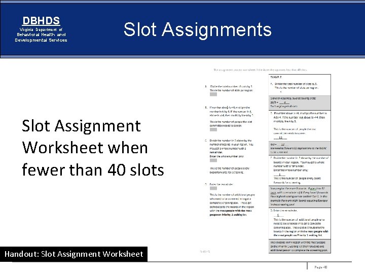 DBHDS Virginia Department of Behavioral Health and Developmental Services Slot Assignment Worksheet when fewer